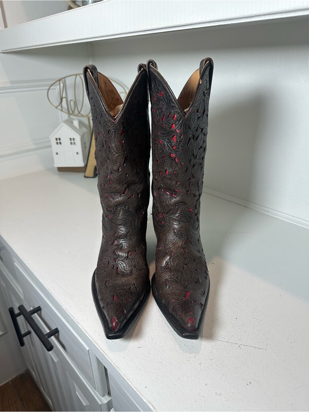 Stetson Cowboy Boots Womens 6.5 Brown Leather Red Underlay Handmade Mexico - Picture 2 of 9